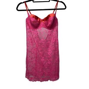 Victoria's Secret Sheer Lace Slip Dress Women's 36C Pink Red Floral Underwire